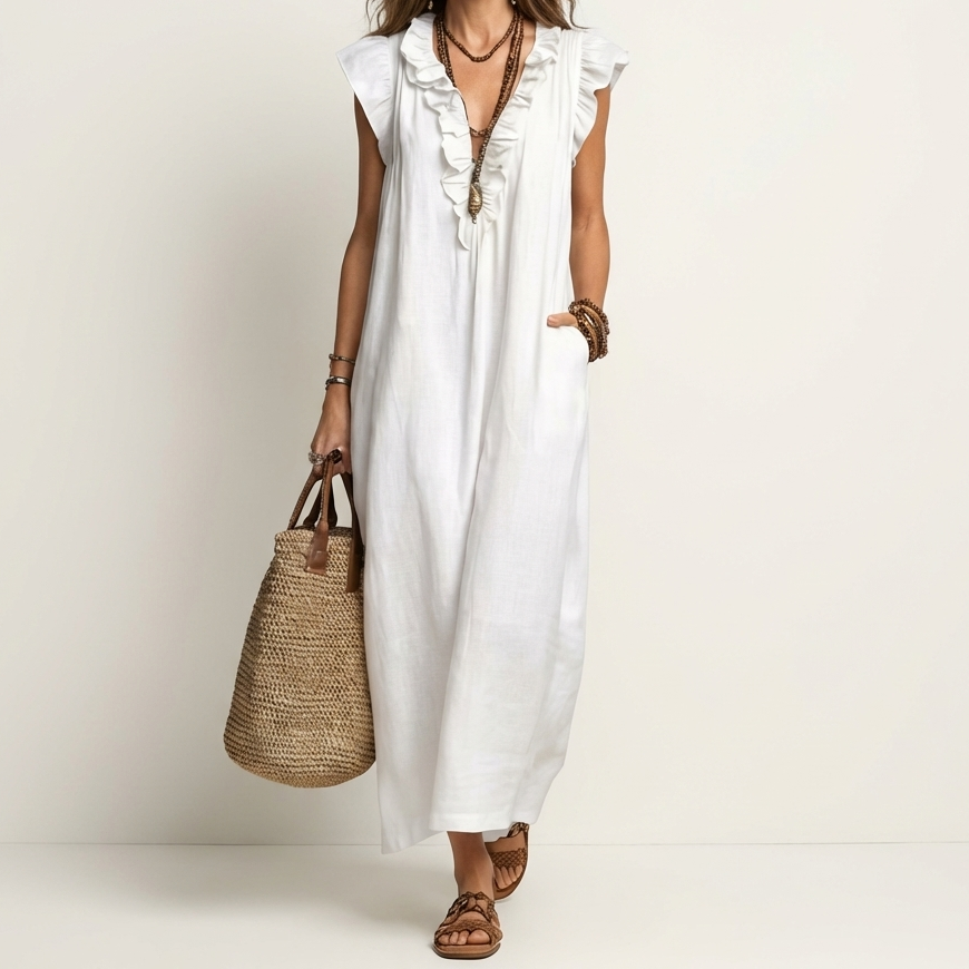 Josette |Ruffle V-Neck Linen Maxi Dress