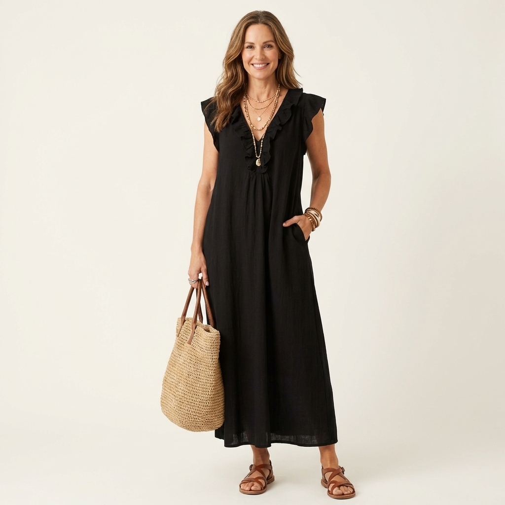Josette |Ruffle V-Neck Linen Maxi Dress