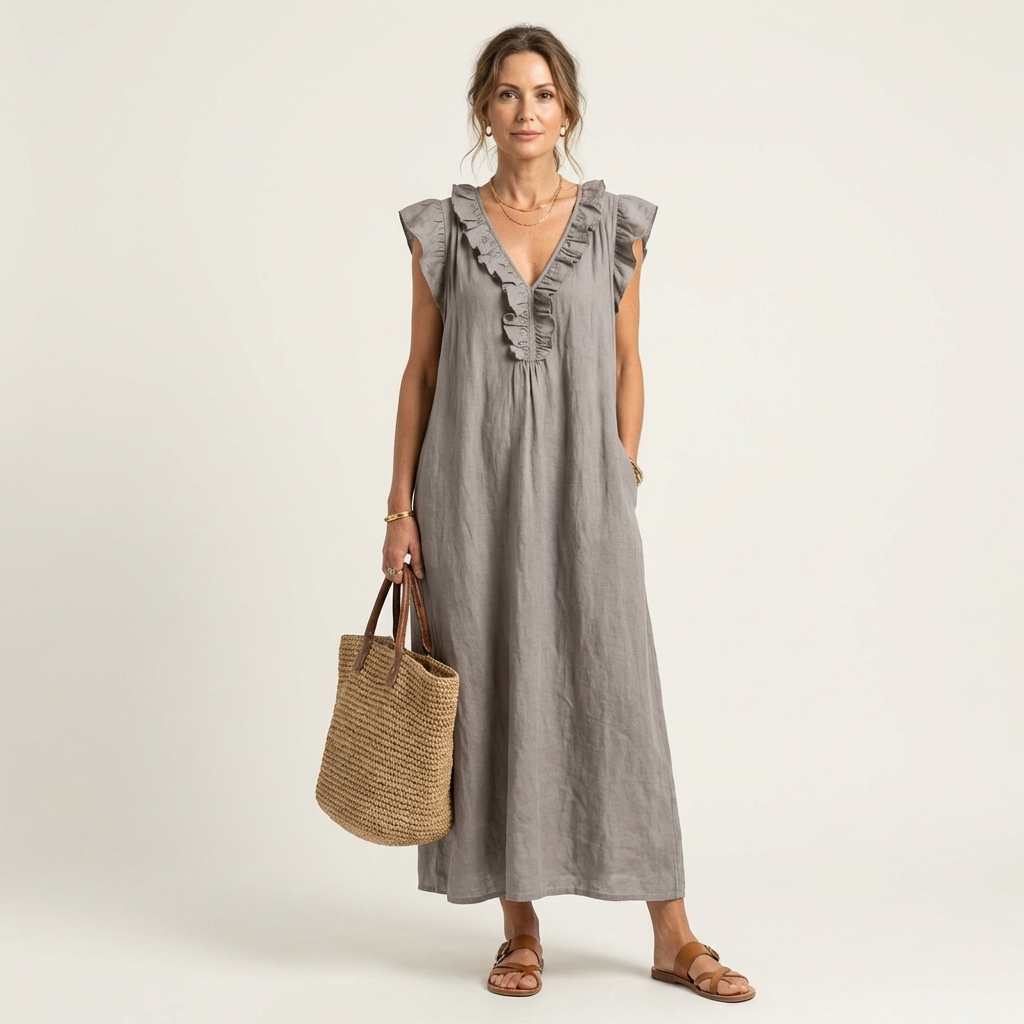 Josette |Ruffle V-Neck Linen Maxi Dress