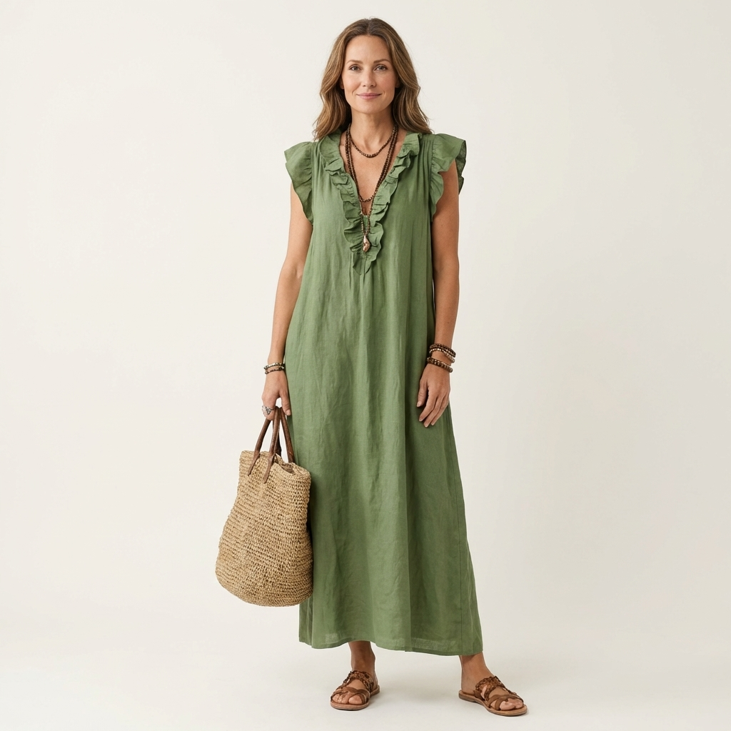 Josette |Ruffle V-Neck Linen Maxi Dress