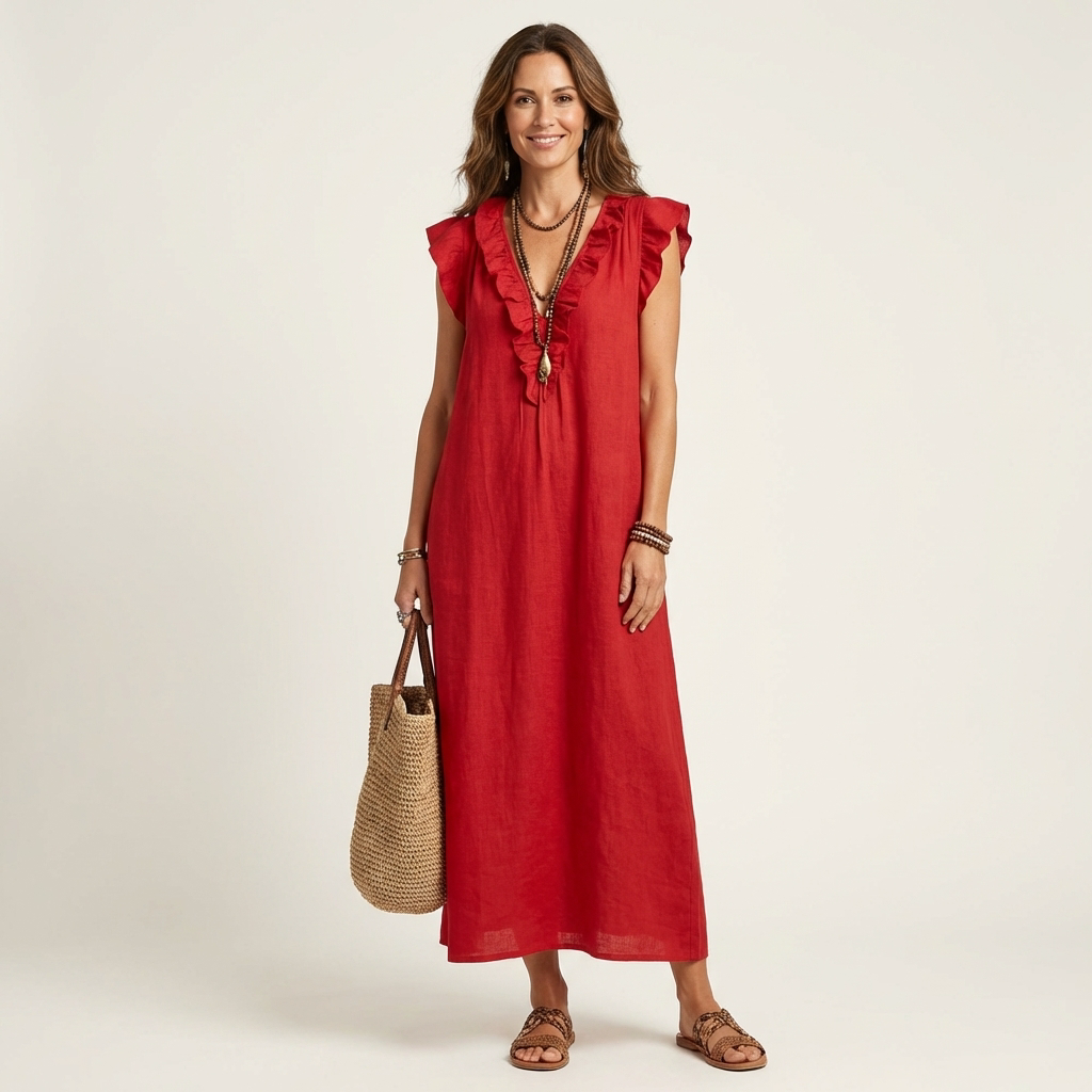 Josette |Ruffle V-Neck Linen Maxi Dress