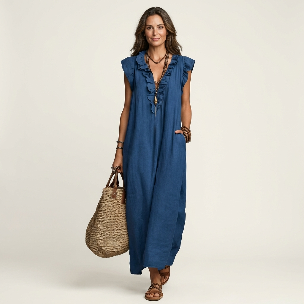 Josette |Ruffle V-Neck Linen Maxi Dress