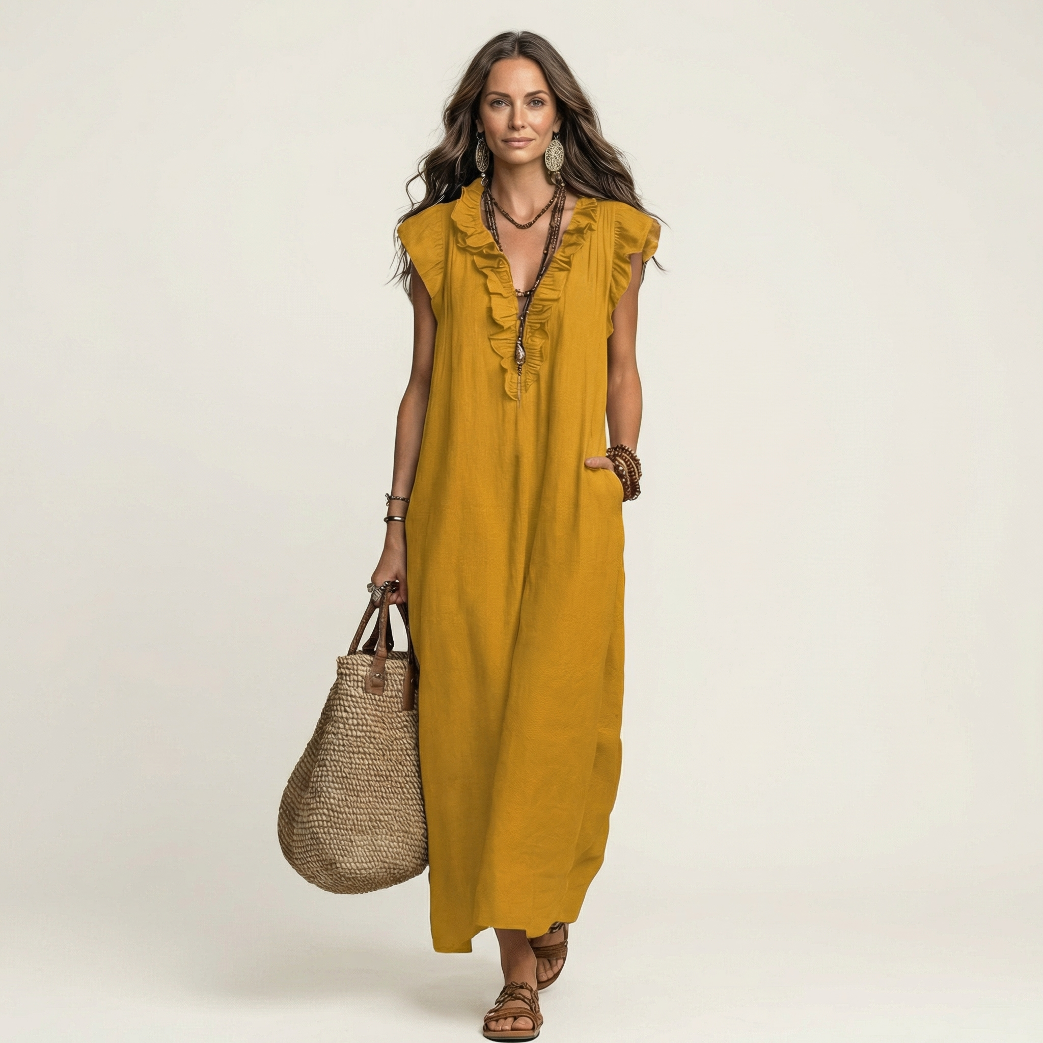 Josette |Ruffle V-Neck Linen Maxi Dress