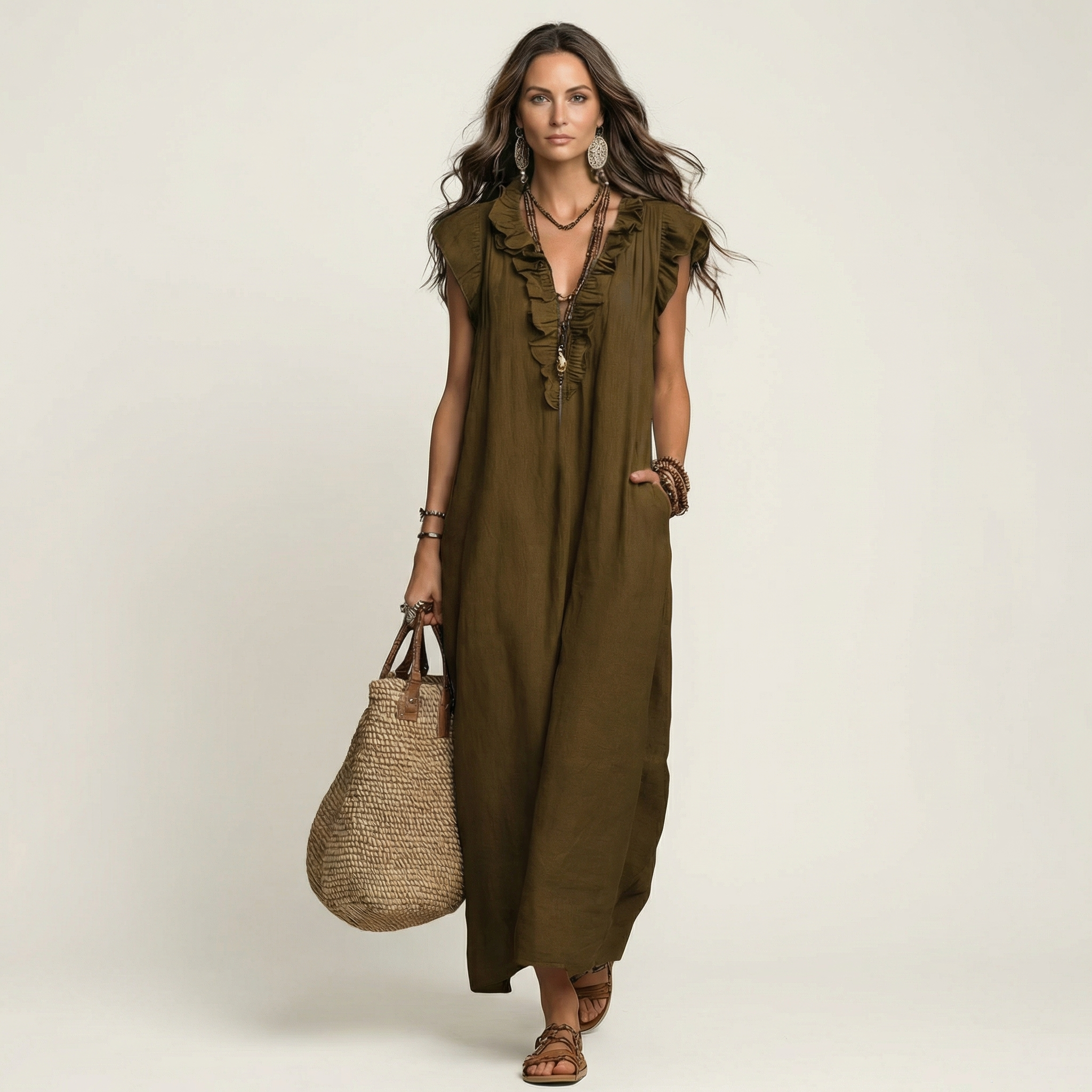 Josette |Ruffle V-Neck Linen Maxi Dress