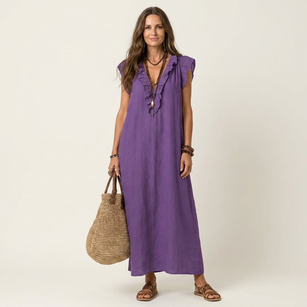 Josette |Ruffle V-Neck Linen Maxi Dress